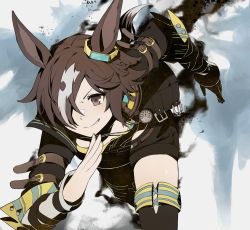 Rule 34 | 1girl, animal ears, belt, black jacket, black shorts, boots, brown hair, buruma, hair over one eye, high contrast, highres, horse ears, horse girl, horse tail, jacket, jewelry, nanaheibei 3, necklace, open clothes, open jacket, running, short hair, shorts, smirk, smoke, solo, stopwatch, tail, thigh boots, thighhighs, umamusume, v-shaped eyebrows, vodka (umamusume), watch