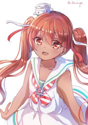 Rule 34 | 10s, 1girl, brown eyes, brown hair, dark-skinned female, dark skin, dress, emia wang, fang, hat, kantai collection, libeccio (kancolle), long hair, open mouth, ribbon, sailor collar, sailor dress, simple background, solo, striped ribbon, twintails, white background, white dress, white sailor collar