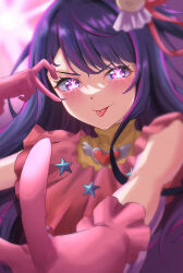 Rule 34 | 1girl, absurdres, blush, brooch, closed mouth, commentary request, dress, frilled gloves, frills, gloves, hair ornament, hair ribbon, half-heart hands, heart, heart brooch, highres, hoshino ai (oshi no ko), idol, idol clothes, jewelry, kokeru, long hair, looking at viewer, one side up, oshi no ko, pink dress, pink gloves, pink ribbon, purple eyes, purple hair, rabbit hair ornament, ribbon, sidelocks, solo, star-shaped pupils, star (symbol), swept bangs, symbol-shaped pupils, tongue, tongue out, turtleneck, turtleneck dress