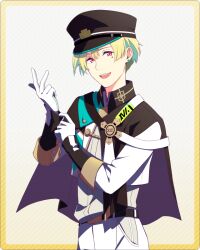 Rule 34 | 1boy, black hat, blonde hair, earrings, gloves, green hair, hair between eyes, hanazono momohito, hat, idolmaster, idolmaster side-m, idolmaster side-m growing stars, jewelry, light green hair, male focus, multicolored hair, open mouth, simple background, single earring, smile, solo, teeth, upper body, upper teeth only, white gloves