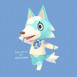 Rule 34 | 1girl, animal crossing, animal ears, artist name, blue background, dated, furry, furry female, matchaneko, nintendo, open mouth, skye (animal crossing), solo, tail, wolf ears, wolf tail