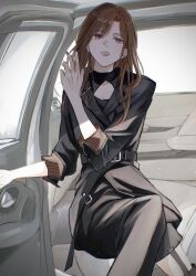 1girl absurdres alternate_hairstyle asymmetrical_pants belt black_belt black_coat black_shirt breasts brown_hair brown_nails car_door car_interior cleavage coat collarbone commentary_request detached_pants film_grain hand_up highres higuchi_madoka idolmaster idolmaster_shiny_colors long_hair mole mole_under_eye nail_polish open_mouth purple_eyes shirt sleeves_past_elbows solo sushizanmai_(sorahaaoi7)