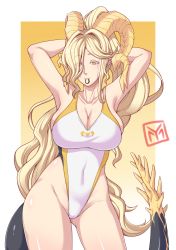 Rule 34 | 1girl, absurdres, armpits, arms behind head, arms up, blonde hair, breasts, cleavage, collarbone, colored eyelashes, competition swimsuit, covered navel, dragon horns, dragon tail, elder dragon, gradient background, high ponytail, highleg, highleg swimsuit, highres, horns, kulve taroth, large breasts, long hair, looking at viewer, monster hunter, monster hunter: world, monster hunter (series), one-piece swimsuit, parted bangs, personification, pointy ears, ponytail, seductive smile, signature, skindentation, smile, solo, swimsuit, tail, very long hair, wavy hair, white background, yamanata, yellow background, yellow eyes