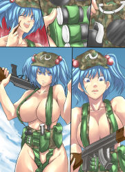 Rule 34 | 1girl, assault rifle, blue eyes, blue hair, breasts, commando (movie), explosive, female focus, grenade, gun, hair bobbles, hair ornament, hat, huge breasts, jiete, kawashiro nitori, knife, large breasts, parody, pouch, rifle, scar, touhou, twintails, two side up, weapon