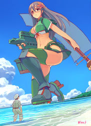 Rule 34 | 10s, 1boy, 1girl, afloat, amagi (kancolle), beach, breasts, brown eyes, brown hair, cleavage cutout, clothing cutout, crop top, day, flower, giant, giantess, hair between eyes, hair flower, hair ornament, highres, kantai collection, kneeling, large breasts, leaf hair ornament, long hair, looking away, miniskirt, mole, mole under eye, panties, pantyshot, perspective, ponytail, seo tatsuya, serious, short sleeves, skirt, solo focus, staff, thighhighs, thighs, underwear