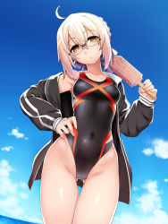 Rule 34 | 1girl, ahoge, artoria pendragon (fate), black jacket, black one-piece swimsuit, blue sky, breasts, cloud, commentary request, competition swimsuit, covered navel, cowboy shot, day, fate/grand order, fate (series), food, glasses, gluteal fold, groin, hand on own hip, highleg, highleg swimsuit, highres, holding, jacket, mysterious heroine x alter (fate), namonashi, one-piece swimsuit, open clothes, open jacket, outdoors, popsicle, sky, small breasts, solo, standing, swimsuit