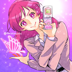 Rule 34 | 1girl, belt, black belt, blazer, bright pupils, bug, butterfly, collared shirt, commentary, crossed arms, curemo, dress shirt, dutch angle, glowing butterfly, holding, insect, jacket, kibou no chikara ~otona precure &#039;23~, lapels, looking at viewer, medium hair, notched lapels, pink eyes, pink hair, pink jacket, precure, shirt, smile, solo, sparkle, suit jacket, swept bangs, ton (ton39342104), twitter username, white pupils, white shirt, yes! precure 5, yes! precure 5 gogo!, yumehara nozomi