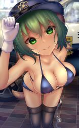 Rule 34 | 1girl, bikini, black thighhighs, blue bikini, blue headwear, breasts, car, checkered floor, cleavage, cuffs, dog tail, gloves, highres, kasodani kyouko, large breasts, leaning forward, looking at viewer, motor vehicle, parted lips, pocket, police car, shounen (hogehoge), smile, solo, standing, swimsuit, tail, thighhighs, touhou, white gloves