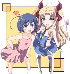 Rule 34 | 2girls, astarotte ygvar, blonde hair, blue eyes, blue hair, blush, bow, demon tail, detached collar, dress, fang, green eyes, guunome, hair bow, hand on own hip, heart, hip focus, long hair, lotte no omocha!, multiple girls, open mouth, pointy ears, short hair, standing, sundress, tail, touhara asuha, twintails, wrist cuffs