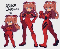 Rule 34 | 1girl, ass, blue eyes, blush, bodysuit, bright pupils, brown hair, character name, chibi, closed mouth, crossed arms, curvy, hands on own hips, interface headset, long hair, looking at viewer, multiple views, neon genesis evangelion, pilot suit, plugsuit, pout, red bodysuit, shiny clothes, simple background, slammo, solo, souryuu asuka langley, standing, tsundere, twintails, very long hair, white pupils, wide hips