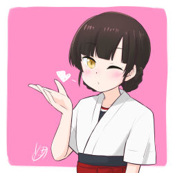 Rule 34 | 1girl, black hair, blowing kiss, blunt bangs, braid, braided bun, double bun, dougi, hair bun, highres, japanese clothes, kantai collection, long hair, one-hour drawing challenge, one eye closed, pink background, signature, solo, sosser, twin braids, two-tone background, upper body, yawata maru (kancolle), yellow eyes