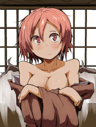 Rule 34 | 1girl, animal ears, bird wings, blush, breasts, brown dress, cleavage, collarbone, covering privates, covering breasts, crossed arms, daitoutei, dress, female focus, large breasts, looking at viewer, mystia lorelei, off shoulder, okamisty, red eyes, red hair, short hair, solo, touhou, upper body, wings