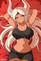 Rule 34 | 1girl, absurdres, animal ears, armpits, arms behind head, arms up, artist name, black headband, black pants, black sports bra, boku no hero academia, breasts, collarbone, commentary, dark-skinned female, dark skin, english commentary, gluteal fold, grin, headband, highres, jay flare, large breasts, long hair, looking at viewer, lying, mirko, navel, on back, pants, rabbit ears, red eyes, smile, solo, sports bra, sportswear, thigh gap, toned, very long hair, white hair, yoga pants