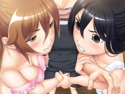 Rule 34 | 2girls, angry, apron, bare shoulders, black eyes, black hair, blush, breasts squeezed together, breasts, brown hair, cleavage, clenched teeth, covered erect nipples, floor, from above, game cg, hyoui kanojo: tsukikano, long hair, looking at another, makino anri, medium breasts, multiple girls, naked apron, nana g, off shoulder, open mouth, original, penis grab, rivalry, standing, tanigawa sae, teeth, yellow eyes