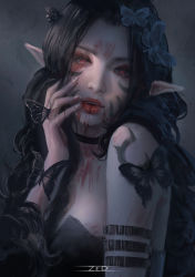 Rule 34 | 1girl, absurdres, black dress, black hair, blood, blood on face, bug, butterfly, character request, commentary request, copyright request, dress, elf, fangs, hair ornament, highres, insect, long hair, looking at viewer, pointy ears, red eyes, solo, tagme, tattoo, zed (trungbui42)