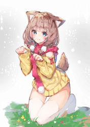 Rule 34 | 1girl, absurdres, animal ears, blue eyes, blush, brown hair, closed mouth, dog ears, dog girl, dog tail, fang, fang out, fingernails, highres, kneeling, long hair, long sleeves, looking at viewer, low twintails, makiaato, nail polish, no shoes, on grass, original, pink nails, pink scarf, pom pom (clothes), scarf, sketch, sleeves past wrists, smile, solo, sweater, tail, thighhighs, twintails, white thighhighs, yellow sweater