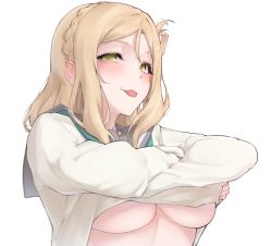 Rule 34 | 1girl, :p, blonde hair, blush, braid, breasts, closed mouth, clothes lift, commentary request, crossed arms, crown braid, grey sailor collar, hair rings, hands up, highres, lifted by self, long sleeves, looking at viewer, love live!, love live! sunshine!!, medium breasts, medium hair, nasuno (nasuno42), no bra, ohara mari, sailor collar, school uniform, serafuku, shirt, shirt lift, sidelocks, simple background, smile, solo, tongue, tongue out, underboob, undressing, upper body, uranohoshi school uniform, white background, white shirt, yellow eyes