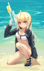 Rule 34 | &gt;:), 1girl, ahoge, aqua hair, artoria pendragon (all), artoria pendragon (fate), artoria pendragon (swimsuit archer) (fate), artoria pendragon (swimsuit archer) (second ascension) (fate), beach, bikini, black jacket, blonde hair, blush, breasts, cleavage, closed mouth, day, fate/grand order, fate (series), jacket, kneeling, long hair, long sleeves, looking at viewer, low ponytail, navel, on one knee, open clothes, open jacket, saber (fate), solo, stomach, swimsuit, v-shaped eyebrows, water gun, white bikini, yuemanhuaikong