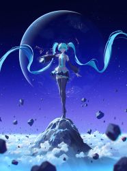 Rule 34 | 1girl, above clouds, absurdly long hair, absurdres, black footwear, black skirt, black sleeves, black thighhighs, blue eyes, blue hair, blue necktie, boots, breast pocket, cloud, collared shirt, commentary, detached sleeves, earth (planet), floating hair, full body, grey shirt, hair between eyes, hatsune miku, headset, highres, long hair, looking at viewer, necktie, parted lips, planet, pleated skirt, pocket, rock, rubble, shirt, skirt, sky, sleeveless, sleeveless shirt, smile, solo, space, star (sky), starry sky, thigh boots, thighhighs, twintails, vertigris, very long hair, vocaloid