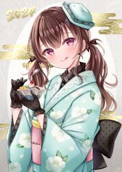 Rule 34 | 1girl, 2024, :q, black gloves, blue headwear, blue kimono, blush, brown hair, closed mouth, commentary request, egasumi, food, food on face, gloves, grey background, hair between eyes, hands up, highres, holding, holding spoon, japanese clothes, kimono, long hair, long sleeves, low twintails, obi, original, red eyes, sakura hiyori, sash, smile, solo, spoon, tilted headwear, tongue, tongue out, twintails, two-tone background, white background, wide sleeves