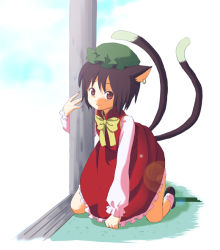 Rule 34 | 1girl, animal ears, bad id, bad pixiv id, cat ears, cat girl, cat tail, chen, china dress, chinese clothes, dress, earrings, female focus, gradient background, hat, ica, inaka, jewelry, kneeling, lens flare, ribbon, short hair, sky, solo, tail, touhou, white background