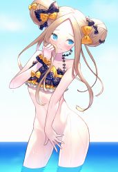 Rule 34 | 1girl, abigail williams (emerald float) (fate), abigail williams (fate), bare shoulders, bikini, bikini top only, black bikini, black bow, blonde hair, blue eyes, blush, bottomless, bow, breasts, closed mouth, covering crotch, covering privates, double bun, emerald float, fate/grand order, fate (series), forehead, frilled bikini, frills, hair bun, highres, holding, holding own hair, hyuu (sing-dog), long hair, looking to the side, multiple bows, official alternate costume, orange bow, parted bangs, polka dot, polka dot bow, scrunchie, sidelocks, small breasts, solo, swimsuit, thighs, wading, water, wet, wrist scrunchie