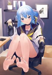Rule 34 | 1girl, barefoot, blue eyes, blue hair, blush, chair, feet, highres, holding, holding shoes, hololive, hoshimachi suisei, kou futoshi, loafers, long hair, looking at viewer, school uniform, serafuku, shoes, sitting, smile, soles, toes, unworn shoes, virtual youtuber
