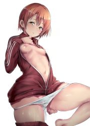 Rule 34 | 10s, 1girl, alp, blush, breasts, cum, cum in pussy, cumdrip, hoshizora rin, jacket, love live!, love live! school idol project, nipples, open clothes, orange hair, panties, short hair, small breasts, solo, track jacket, underwear, wet, wet clothes, wet panties, white background, yellow eyes