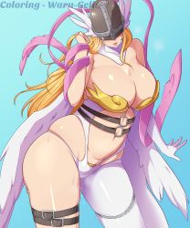 Rule 34 | 1girl, absurdres, angel wings, angewomon, bare shoulders, blonde hair, blue background, breasts, cleavage, closed mouth, clothing cutout, collar, colorized, covered eyes, cowboy shot, digimon, elbow gloves, female pubic hair, gloves, hagoromo, hakai shin, helmet, highres, large breasts, lips, long hair, pubic hair, pubic hair peek, pussy juice, revealing clothes, shawl, simple background, single glove, skindentation, solo, stomach cutout, thighlet, waru-geli, white gloves, wings