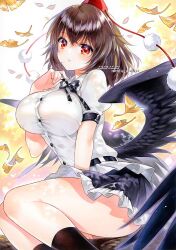 Rule 34 | 1girl, bird wings, black hair, black ribbon, black skirt, black wings, blush, breasts, brown hair, collared shirt, feathered wings, feet out of frame, frilled skirt, frills, hair between eyes, hat, kneehighs, large breasts, leaf, looking at viewer, marker (medium), miniskirt, neck ribbon, nordic niku, pom pom (clothes), puffy short sleeves, puffy sleeves, red eyes, red hat, ribbon, shameimaru aya, shirt, short hair, short sleeves, sitting, skirt, smile, socks, solo, thighs, tokin hat, touhou, traditional media, white shirt, wings