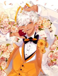 Rule 34 | 1boy,  .kkk2, blue eyes, blush, bouquet, bow, bowtie, buttons, collared shirt, dark skin, fang, fangs, flower, formal, highres, jacket, jewelry, long sleeves, looking at viewer, mammon (shall we date?: obey me!), open mouth, orange vest, marriage proposal, ring, ring box, shall we date?: obey me!, shirt, short hair, smile, solo, suit, tan, teeth, tongue, vest, watermark, white background, white hair, white jacket, white suit
