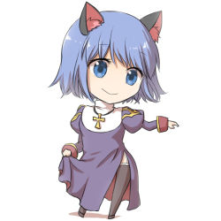 Rule 34 | 1girl, animal ear fluff, animal ears, black footwear, black thighhighs, blue eyes, blue hair, cat ears, chibi, closed mouth, commentary request, dress, full body, garter straps, habit, juliet sleeves, long sleeves, looking at viewer, natsuya (kuttuki), priest (ragnarok online), puffy sleeves, purple dress, ragnarok online, shoes, short hair, simple background, skirt hold, smile, solo, standing, thighhighs, white background