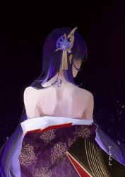 Rule 34 | 1girl, artist name, back, back focus, back tattoo, bare shoulders, commentary, english commentary, floral print, flower, from behind, genshin impact, hair ornament, highres, japanese clothes, kimono, long hair, purple flower, purple hair, raiden shogun, simple background, tassel, tattoo, tcell0, undressing, very long hair