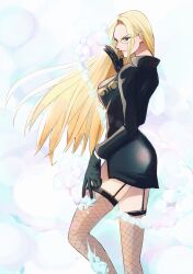 Rule 34 | 1girl, absurdres, aomushimm, black dress, black gloves, blonde hair, bubble, commentary, commentary request, dress, english commentary, feet out of frame, fishnet thighhighs, fishnets, garter straps, glasses, gloves, highres, kalifa (one piece), long hair, long sleeves, mixed-language commentary, one piece, pink lips, profile, sidelocks, smile, solo, thighhighs