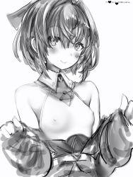 Rule 34 | 1girl, ange katrina, ange katrina (2nd costume), bad id, bad pixiv id, bare shoulders, breasts, closed mouth, collared shirt, covered erect nipples, dot nose, greyscale, hair intakes, hands up, highres, looking at viewer, monochrome, nanashi (nlo), nijisanji, off-shoulder jacket, off shoulder, shirt, small breasts, smile, solo, upper body, virtual youtuber, wing collar