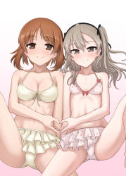 Rule 34 | 2girls, bikini, bikini skirt, black ribbon, blush, bow, bow bikini, breasts, brown eyes, brown hair, cleavage, closed mouth, crotch seam, frilled bikini, frills, from above, front-tie bikini top, front-tie top, girls und panzer, gradient background, hair ribbon, half-closed eyes, heart, heart hands, highres, leg up, light brown hair, long hair, looking at viewer, lying, medium breasts, multiple girls, nishizumi miho, on back, one side up, petag2, pink background, pink bikini, polka dot, polka dot bikini, ribbon, shimada arisu, short hair, side-by-side, small breasts, smile, swimsuit, symmetrical hand pose, white bikini