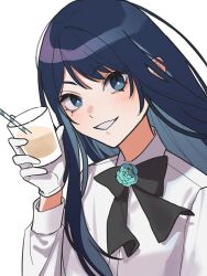 Rule 34 | 1girl, ado (utaite), black bow, black bowtie, blue eyes, blue flower, blue hair, blue rose, blush, bow, bowtie, chando (ado), cloud nine inc, collared shirt, colored inner hair, commentary request, cup, dark blue hair, dress shirt, drinking straw, flower, flower brooch, gloves, highres, holding, holding cup, long hair, looking at viewer, mole, mole under eye, multicolored hair, open mouth, riseno, rose, shirt, sidelocks, simple background, smile, solo, two-tone hair, upper body, utaite, white background, white gloves, white shirt