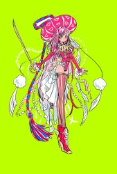 Rule 34 | 1boy, blue eyes, bulge, closed mouth, frilled leotard, frills, full body, green background, green eyes, hat, high heels, highres, holding, holding sword, holding weapon, juliet sleeves, leotard, long hair, long sleeves, looking at viewer, male focus, original, pink hair, pink leotard, puffy sleeves, red footwear, shima (wansyon144), simple background, smile, solo, striped clothes, striped thighhighs, sword, thighhighs, trap, very long hair, weapon