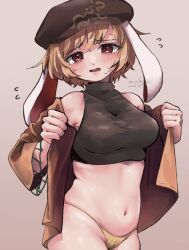 Rule 34 | 1girl, animal ears, black sports bra, blonde hair, blush, breasts, brown background, brown eyes, brown hat, brown shirt, cabbie hat, commentary request, cowboy shot, dated, floppy ears, flying sweatdrops, hat, looking at viewer, medium bangs, medium breasts, navel, open clothes, open mouth, open shirt, panties, rabbit ears, rabbit girl, ringo (touhou), shirt, short hair, signature, simple background, solo, sports bra, touhou, underwear, undressing, warabe (be-san), yellow panties