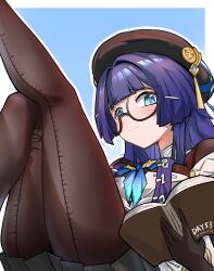 Rule 34 | 1girl, absurdres, beret, black gloves, black hat, black leggings, blue background, blue eyes, blue hair, blush, book, border, chinese commentary, closed mouth, commentary request, dated, gaoling gangqin, glasses, gloves, hair ornament, hairclip, hat, hat tassel, highres, holding, holding book, honkai: star rail, honkai (series), leggings, long hair, looking at viewer, outline, pantyhose, pela (honkai: star rail), round eyewear, skirt, solo, thighs, white border, white outline