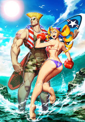 Rule 34 | 1boy, 1girl, american flag, american flag bikini, american flag tattoo, ass, bandana, bikini, blonde hair, blue eyes, boxing gloves, breasts, butt crack, camouflage, camouflage shorts, crossover, day, dog tags, drill hair, flag print, genzoman, guile, hat, justice gakuen, large breasts, long hair, muscular, ocean, shorts, smile, street fighter, sunglasses, surfboard, swimsuit, tattoo, tiffany lords, wading