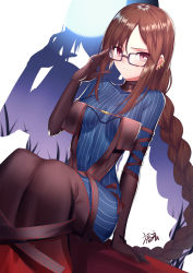 Rule 34 | 1girl, adjusting eyewear, black-framed eyewear, black dress, black gloves, blue bodysuit, bodysuit, braid, braided ponytail, breasts, brown hair, center opening, closed mouth, commentary request, covered collarbone, covered navel, dress, dutch angle, ear piercing, fate (series), glasses, gloves, gogatsu fukuin, highres, long hair, looking at viewer, medium breasts, piercing, red eyes, ribbon-trimmed dress, sidelocks, single braid, sitting, striped bodysuit, very long hair, yu mei-ren (fate), yu mei-ren (first ascension) (fate), zoom layer