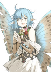 Rule 34 | 1other, :d, ahoge, black choker, blue hair, butterfly wings, character request, choker, closed eyes, dress, facing viewer, fate/grand order, fate (series), flower, hands up, hope (fate), insect wings, kankan33333, medium hair, open mouth, own hands together, pointy ears, simple background, smile, solo, white background, white dress, white flower, wings