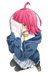 Rule 34 | 1girl, absurdres, ahoge, black thighhighs, blue jacket, blunt bangs, blush, brown footwear, closed mouth, collared shirt, commentary request, covering face, drawing, drawstring, dress shirt, full body, grey skirt, highres, holding, holding notebook, hood, hood down, hooded jacket, jacket, kashikaze, loafers, love live!, love live! nijigasaki high school idol club, medium hair, neck ribbon, nijigasaki academy school uniform, notebook, open clothes, open jacket, pantyhose, pink hair, pleated skirt, ribbon, rina-chan board, school uniform, seiza, shirt, shoes, simple background, sitting, skirt, sleeves past fingers, sleeves past wrists, solo, tennoji rina, thighhighs, winter uniform, yellow eyes, yellow ribbon