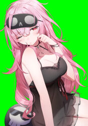 Rule 34 | 1girl, aotake iro, bare arms, bare shoulders, black dress, blush, breasts, cleavage, closed mouth, collarbone, death-sensei (mori calliope), dress, green background, hair between eyes, hand up, highres, hololive, hololive english, long hair, mask, mask on head, medium breasts, mori calliope, mori calliope (sleepwear), pink hair, rerrere, see-through, simple background, sleep mask, sleeveless, sleeveless dress, solo focus, very long hair, virtual youtuber