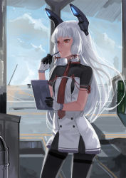 Rule 34 | 10s, 1girl, black pantyhose, blue hair, breasts, clipboard, deras, gloves, kantai collection, long hair, murakumo (kancolle), murakumo kai ni (kancolle), orange eyes, pantyhose, parted lips, small breasts, solo, thighband pantyhose