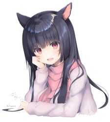 Rule 34 | 1girl, animal ears, artist name, bad id, bad pixiv id, black hair, blush, breasts, cat ears, facial mark, fang, final fantasy, final fantasy xiv, hand on own cheek, hand on own face, kanora, long hair, long sleeves, looking at viewer, medium breasts, miqo&#039;te, open mouth, pink scarf, red eyes, scarf, simple background, solo, sweater, upper body, whisker markings, white background, white sweater
