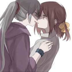 Rule 34 | 2girls, bow, brown hair, commentary, dutch angle, eye contact, grey hair, grey shirt, hair bow, hand on another&#039;s shoulder, hood, hoodie, imminent kiss, inuko (ink0425), long hair, looking at another, medium hair, multiple girls, original, parted lips, ponytail, purple hoodie, shirt, simple background, smile, upper body, watch, white background, wristwatch, yellow bow, yuri