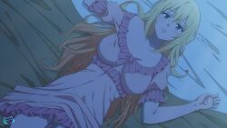 Rule 34 | 1girl, artist logo, blonde hair, breasts, commentary, darkness (konosuba), english commentary, from above, hands up, keihh, kono subarashii sekai ni shukufuku wo!, large breasts, looking at viewer, lying, moonlight, night, nightgown, on back, on bed, paid reward available, parted lips, pink nightgown, solo, symbol-only commentary