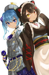 Rule 34 | 2girls, :3, absurdres, animal ears, apron, back-to-back, bad id, bad pixiv id, blue hair, brown hair, closed mouth, cowboy shot, dog ears, dutch angle, heterochromia, highres, hitsujisnow, holding, holding microphone, hololive, hoshimachi suisei, hoshimachi suisei (1st costume), inui toko, inui toko (1st costume), japanese clothes, kimono, looking at viewer, maid, microphone, multiple girls, nijisanji, red eyes, simple background, smile, virtual youtuber, wa maid, waist apron, white apron, white background, yellow eyes